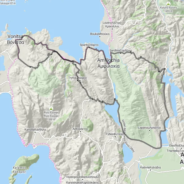 Map miniature of "The Amfilochia Loop" cycling inspiration in Dytiki Elláda, Greece. Generated by Tarmacs.app cycling route planner