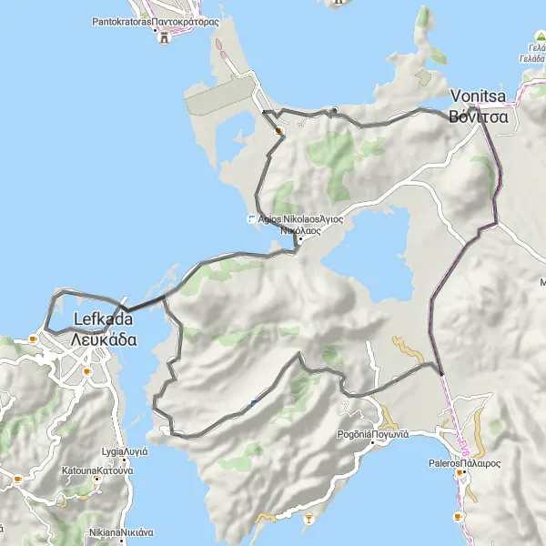 Map miniature of "Lefkada Coastal Ride" cycling inspiration in Dytiki Elláda, Greece. Generated by Tarmacs.app cycling route planner