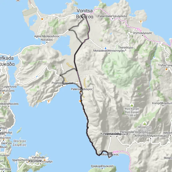 Map miniature of "Exploring Mitikas and Palaeros" cycling inspiration in Dytiki Elláda, Greece. Generated by Tarmacs.app cycling route planner