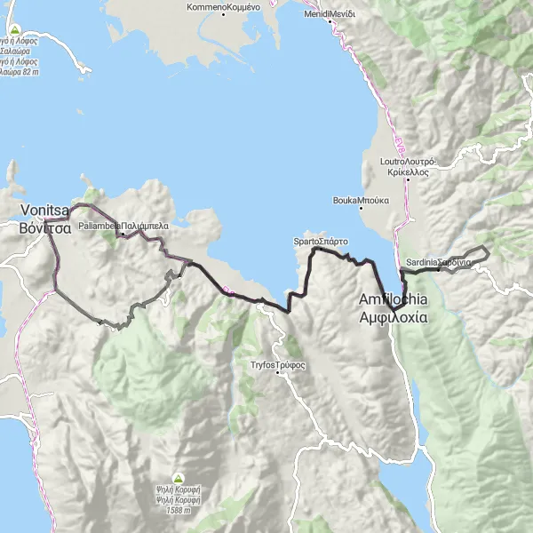 Map miniature of "Sardinia and Coastal Scenery" cycling inspiration in Dytiki Elláda, Greece. Generated by Tarmacs.app cycling route planner