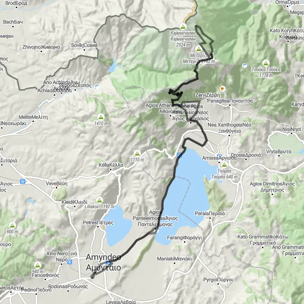 Map miniature of "Amyntaio to Sotiras Road Route" cycling inspiration in Dytiki Makedonia, Greece. Generated by Tarmacs.app cycling route planner