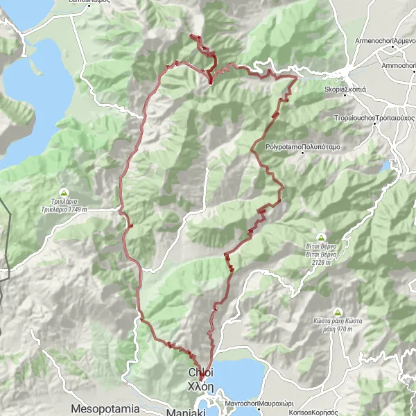 Map miniature of "The Challenging Gravel Adventure" cycling inspiration in Dytiki Makedonia, Greece. Generated by Tarmacs.app cycling route planner