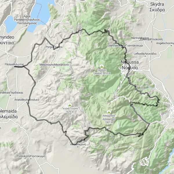 Map miniature of "The Mountaineer's Trail" cycling inspiration in Dytiki Makedonia, Greece. Generated by Tarmacs.app cycling route planner