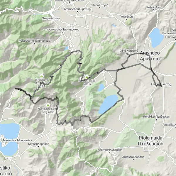 Map miniature of "The Countryside Explorer" cycling inspiration in Dytiki Makedonia, Greece. Generated by Tarmacs.app cycling route planner