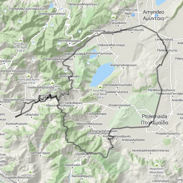 Map miniature of "Mountaineering and History in Vlasti" cycling inspiration in Dytiki Makedonia, Greece. Generated by Tarmacs.app cycling route planner