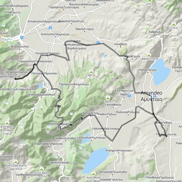 Map miniature of "Nature and History in Nymfeo" cycling inspiration in Dytiki Makedonia, Greece. Generated by Tarmacs.app cycling route planner