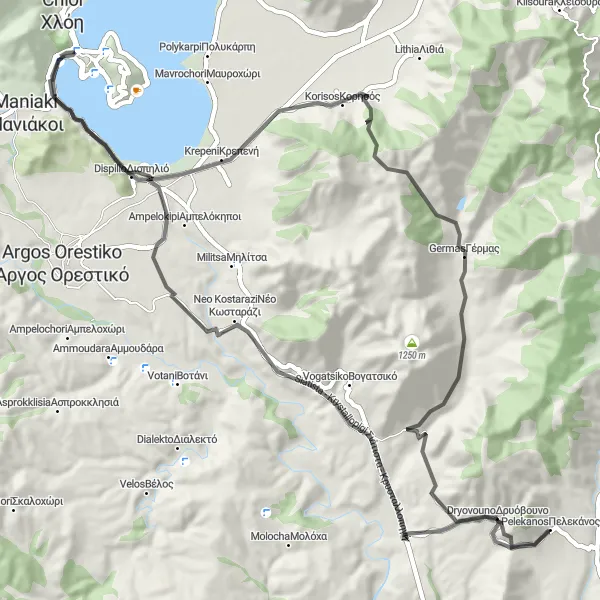 Map miniature of "The Kastoria Challenge" cycling inspiration in Dytiki Makedonia, Greece. Generated by Tarmacs.app cycling route planner