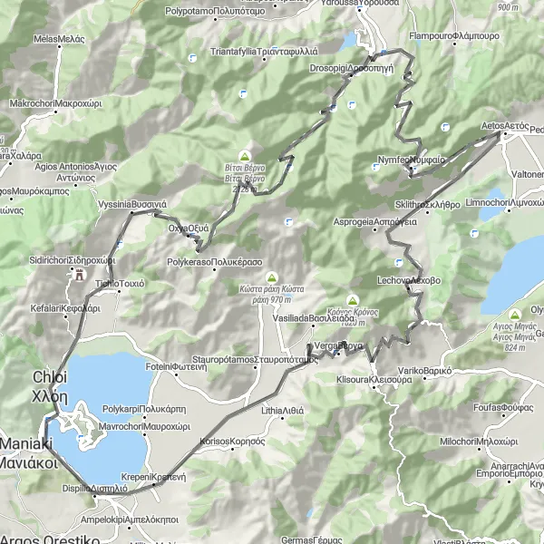 Map miniature of "Nymfeo and Vasilitsa Loop" cycling inspiration in Dytiki Makedonia, Greece. Generated by Tarmacs.app cycling route planner