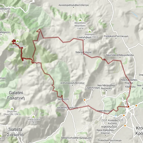 Map miniature of "The Gravel Adventure to Sinitsiko" cycling inspiration in Dytiki Makedonia, Greece. Generated by Tarmacs.app cycling route planner