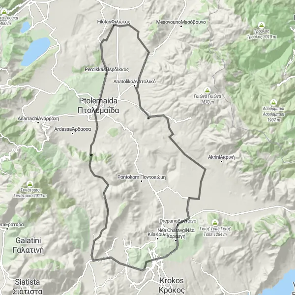 Map miniature of "Kozani - Ptolemaida Adventure" cycling inspiration in Dytiki Makedonia, Greece. Generated by Tarmacs.app cycling route planner