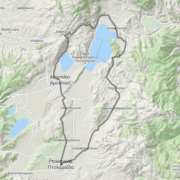 Map miniature of "Scenic Route to Toumba" cycling inspiration in Dytiki Makedonia, Greece. Generated by Tarmacs.app cycling route planner