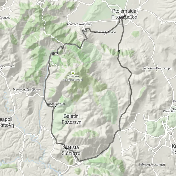 Map miniature of "Ptolemaḯda - Τσουτσουλιανός Loop" cycling inspiration in Dytiki Makedonia, Greece. Generated by Tarmacs.app cycling route planner