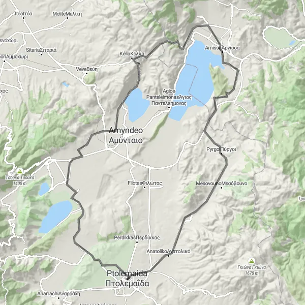 Map miniature of "Ptolemaḯda - Πύργοι Loop" cycling inspiration in Dytiki Makedonia, Greece. Generated by Tarmacs.app cycling route planner