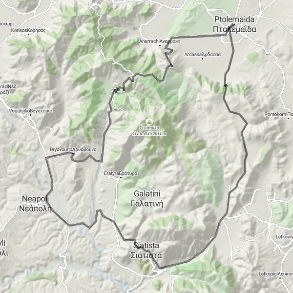 Map miniature of "Ptolemaida to Tsooutsoulianos Round-Trip" cycling inspiration in Dytiki Makedonia, Greece. Generated by Tarmacs.app cycling route planner