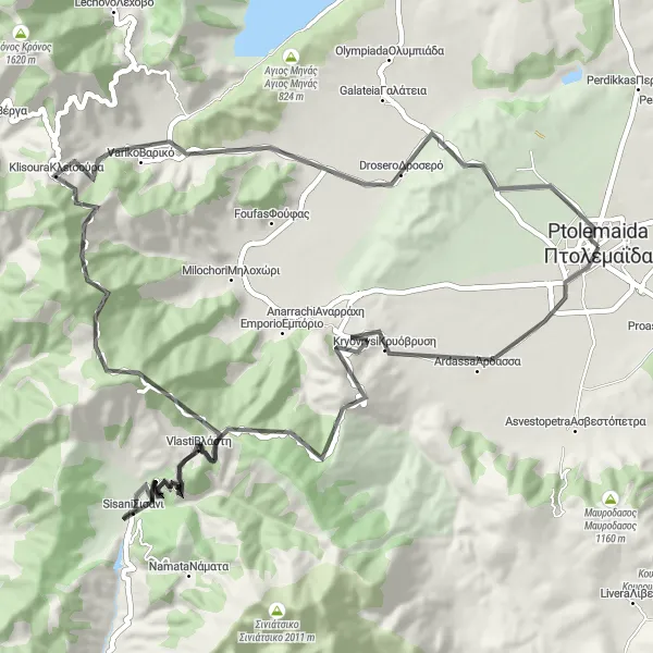 Map miniature of "Ptolemaida to Sisani Round-Trip" cycling inspiration in Dytiki Makedonia, Greece. Generated by Tarmacs.app cycling route planner