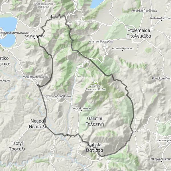 Map miniature of "Siátista - Γέρμας - Korisos - Κλεισούρα - Βλάστη - Τσουτσουλιανός" cycling inspiration in Dytiki Makedonia, Greece. Generated by Tarmacs.app cycling route planner