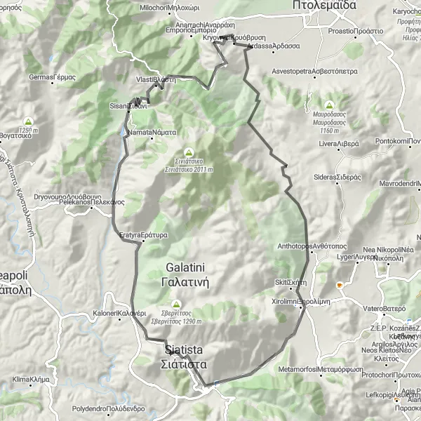 Map miniature of "Siátista - Προφήτης Ηλίας Loop" cycling inspiration in Dytiki Makedonia, Greece. Generated by Tarmacs.app cycling route planner