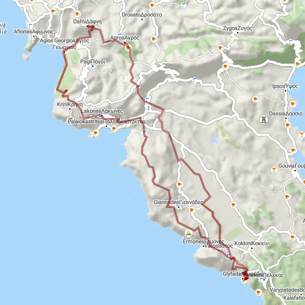 Map miniature of "Agios Georgios - Plakoto - Palaiokastritsa - Bella Vista - Agios Georgios" cycling inspiration in Ionia Nisia, Greece. Generated by Tarmacs.app cycling route planner