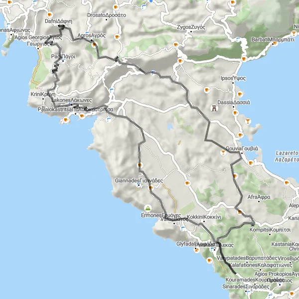 Map miniature of "Agios Georgios - Ipapánti - Kaiser's Observatory - Palaiokastritsa - Agios Georgios" cycling inspiration in Ionia Nisia, Greece. Generated by Tarmacs.app cycling route planner