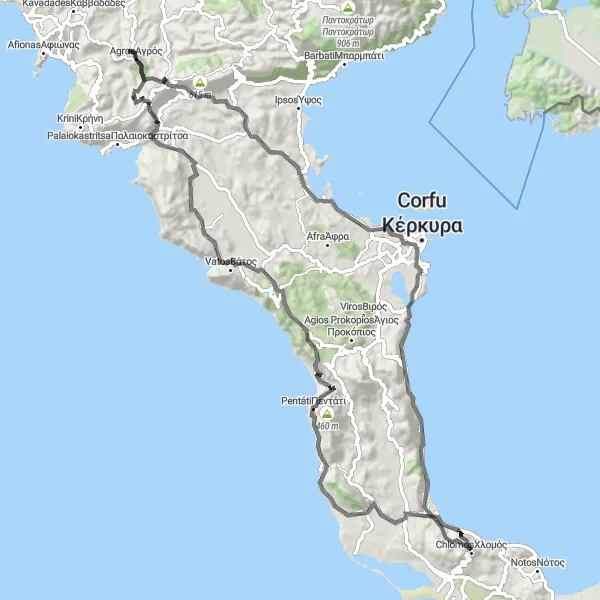 Map miniature of "The Ultimate Corfu Challenge" cycling inspiration in Ionia Nisia, Greece. Generated by Tarmacs.app cycling route planner