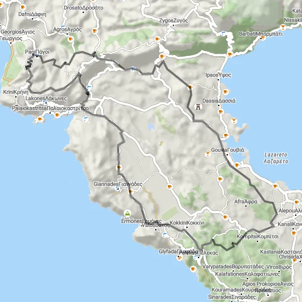 Map miniature of "Agios Georgios - Ipapánti - Kaiser's Observatory - Pagi - Agios Georgios" cycling inspiration in Ionia Nisia, Greece. Generated by Tarmacs.app cycling route planner
