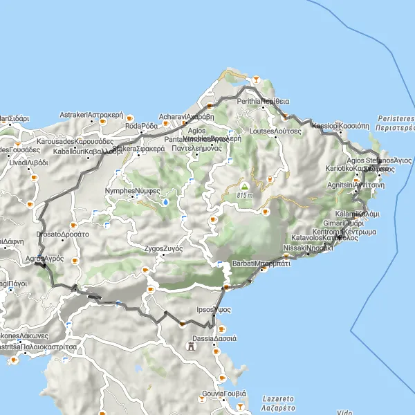 Map miniature of "Coastal Serenity" cycling inspiration in Ionia Nisia, Greece. Generated by Tarmacs.app cycling route planner