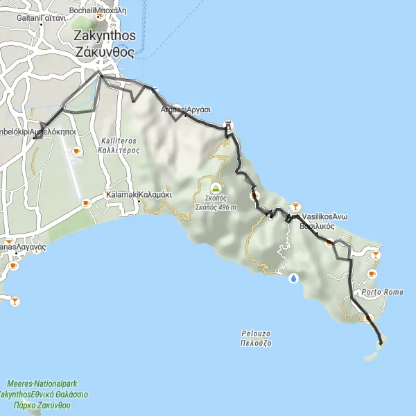 Map miniature of "Argasi loop" cycling inspiration in Ionia Nisia, Greece. Generated by Tarmacs.app cycling route planner