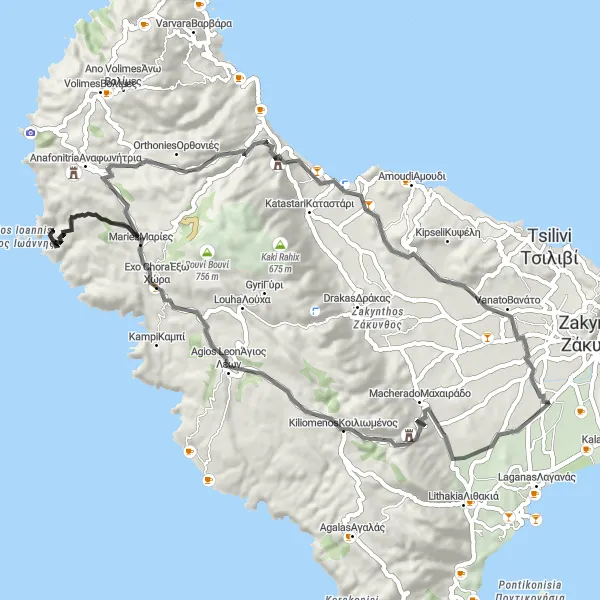 Map miniature of "The Ultimate Xigia Adventure" cycling inspiration in Ionia Nisia, Greece. Generated by Tarmacs.app cycling route planner