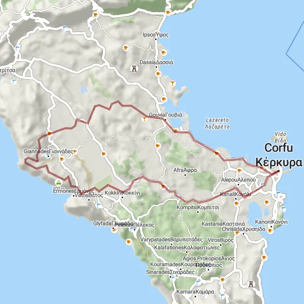 Map miniature of "Gravel Adventure to Ipapánti" cycling inspiration in Ionia Nisia, Greece. Generated by Tarmacs.app cycling route planner