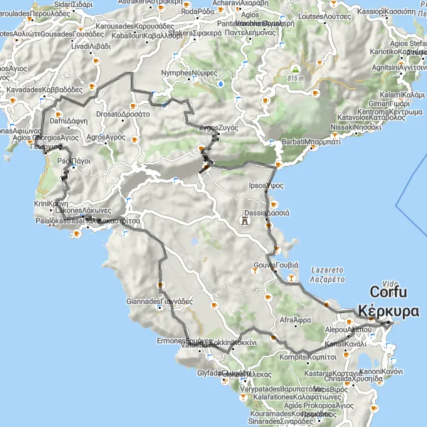 Map miniature of "Corfu Loop" cycling inspiration in Ionia Nisia, Greece. Generated by Tarmacs.app cycling route planner