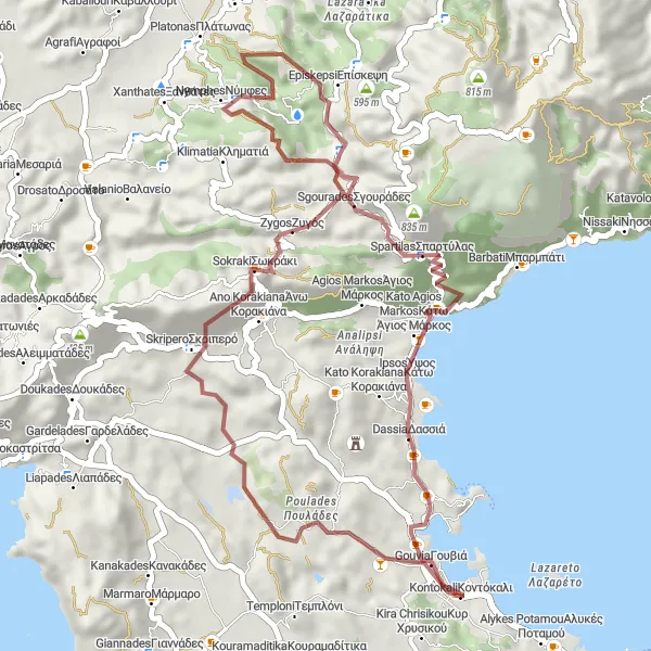 Map miniature of "Mountaineering Challenge" cycling inspiration in Ionia Nisia, Greece. Generated by Tarmacs.app cycling route planner