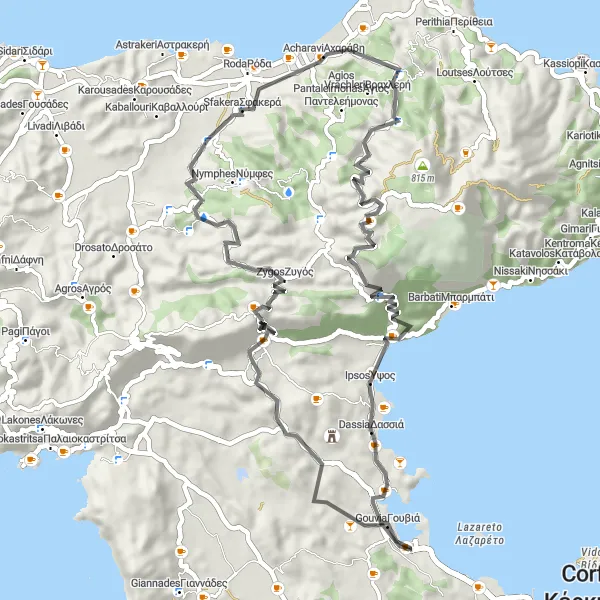 Map miniature of "Acharavi Loop" cycling inspiration in Ionia Nisia, Greece. Generated by Tarmacs.app cycling route planner