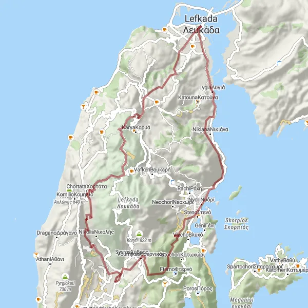 Map miniature of "Nydri to Karya Gravel Expedition" cycling inspiration in Ionia Nisia, Greece. Generated by Tarmacs.app cycling route planner