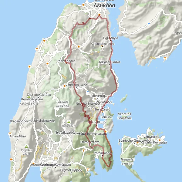Map miniature of "Scenic Gravel Discovery" cycling inspiration in Ionia Nisia, Greece. Generated by Tarmacs.app cycling route planner