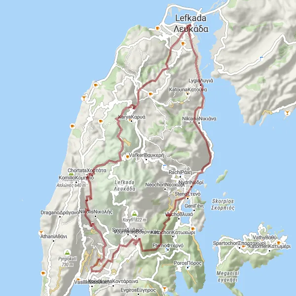 Map miniature of "Lefkáda Gravel Adventure" cycling inspiration in Ionia Nisia, Greece. Generated by Tarmacs.app cycling route planner