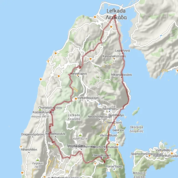 Map miniature of "Lefkáda Gravel Route" cycling inspiration in Ionia Nisia, Greece. Generated by Tarmacs.app cycling route planner