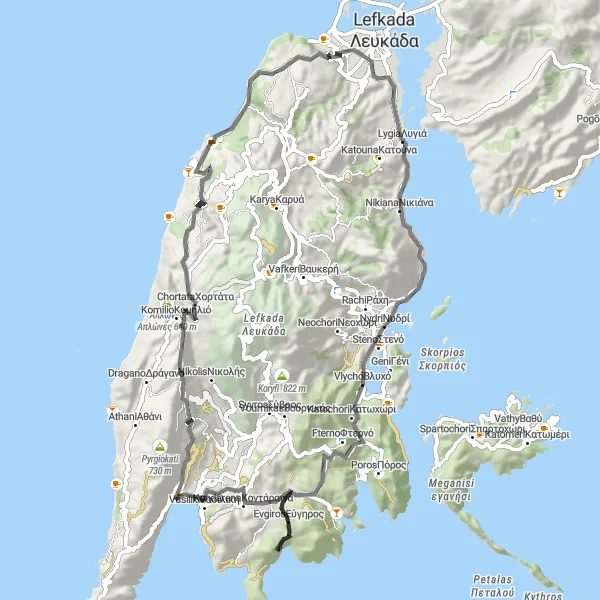 Map miniature of "Pyrgos and Tsoukalades Challenge" cycling inspiration in Ionia Nisia, Greece. Generated by Tarmacs.app cycling route planner