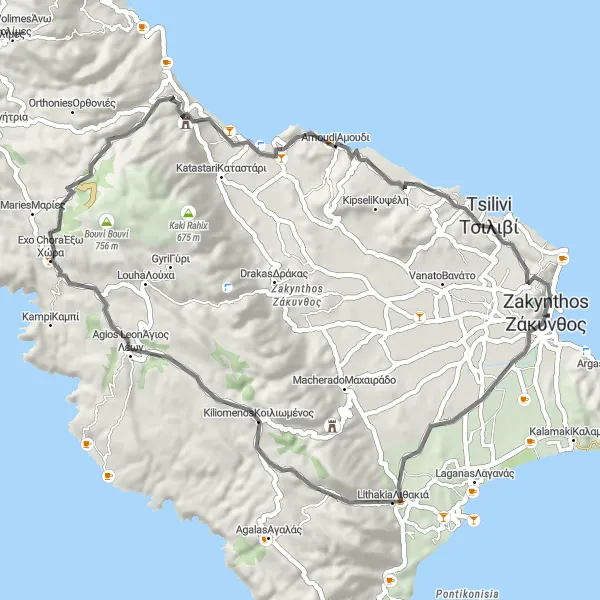 Map miniature of "Zakynthos Coastal Circuit via Little Xigia beach" cycling inspiration in Ionia Nisia, Greece. Generated by Tarmacs.app cycling route planner