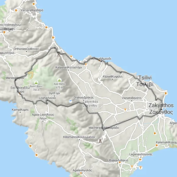 Map miniature of "Zakynthos Loop via Macherado" cycling inspiration in Ionia Nisia, Greece. Generated by Tarmacs.app cycling route planner