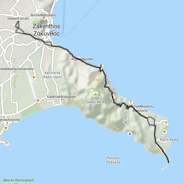 Map miniature of "Zakynthos Highlights" cycling inspiration in Ionia Nisia, Greece. Generated by Tarmacs.app cycling route planner