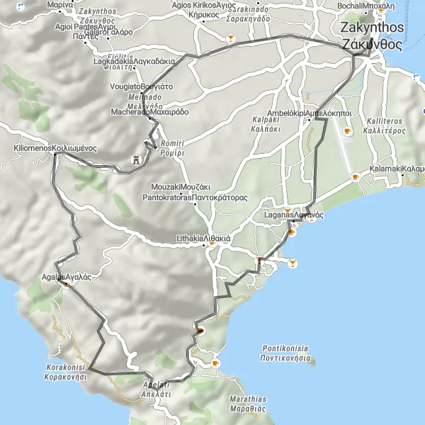 Map miniature of "Zakynthos Adventure" cycling inspiration in Ionia Nisia, Greece. Generated by Tarmacs.app cycling route planner