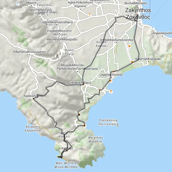 Map miniature of "Zakynthos Coastal Ride" cycling inspiration in Ionia Nisia, Greece. Generated by Tarmacs.app cycling route planner