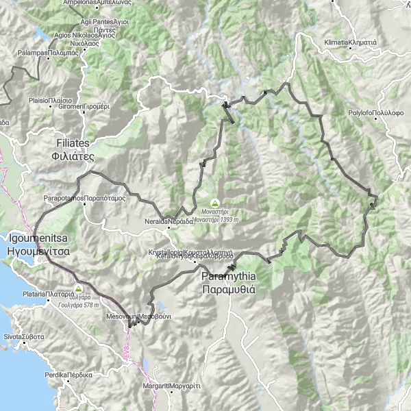 Map miniature of "Igoumenítsa to Tyria" cycling inspiration in Ipeiros, Greece. Generated by Tarmacs.app cycling route planner