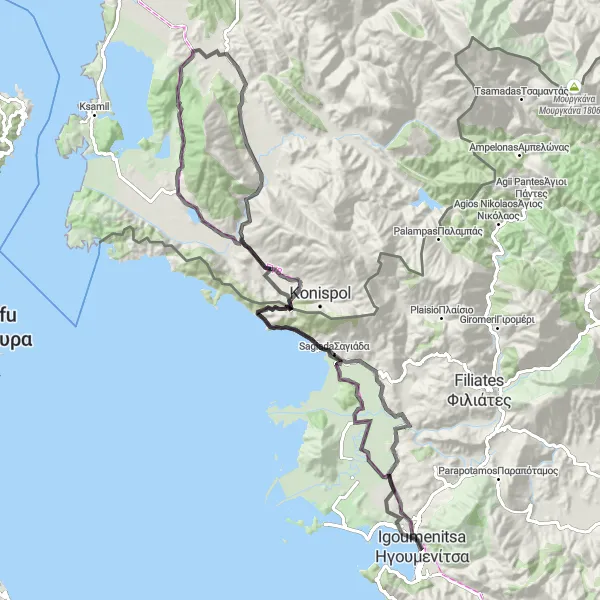 Map miniature of "Igoumenítsa to Castle of Igoumenítsa Road Cycling Route" cycling inspiration in Ipeiros, Greece. Generated by Tarmacs.app cycling route planner