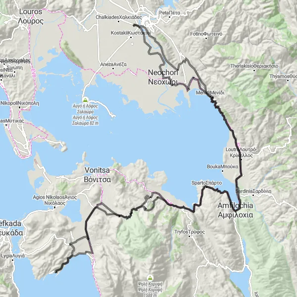 Map miniature of "Coastal Highlights of Kostakioí" cycling inspiration in Ipeiros, Greece. Generated by Tarmacs.app cycling route planner