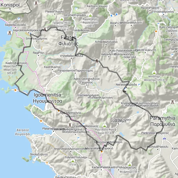 Map miniature of "Paramythiá to Vrysellá" cycling inspiration in Ipeiros, Greece. Generated by Tarmacs.app cycling route planner