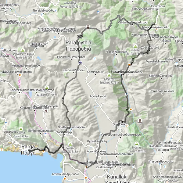 Map miniature of "Párga to Αγία Κυριακή via Gournari and Tsagari" cycling inspiration in Ipeiros, Greece. Generated by Tarmacs.app cycling route planner