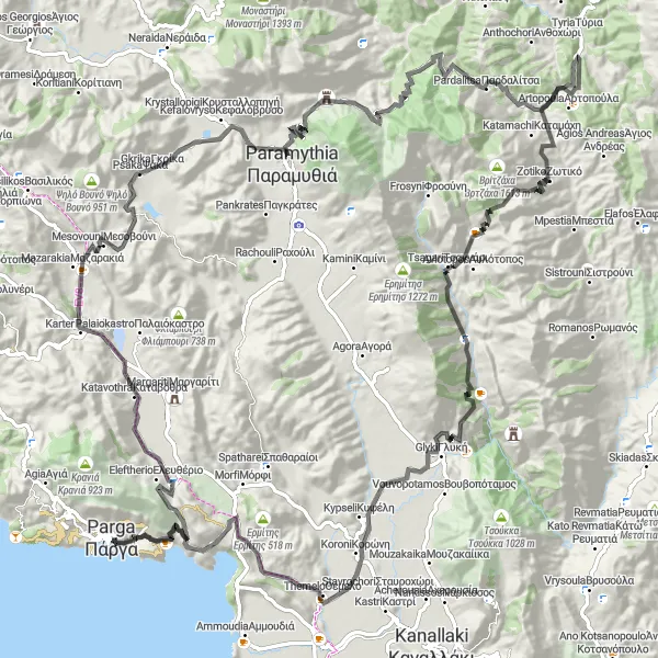 Map miniature of "Scenic Route through Pezovolos and Livadari" cycling inspiration in Ipeiros, Greece. Generated by Tarmacs.app cycling route planner