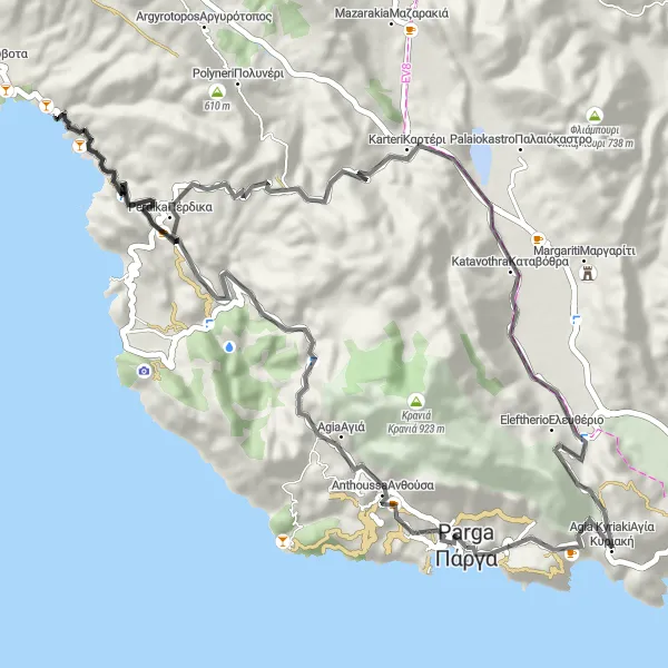 Map miniature of "Serenity Ride to Αγία Παρασκευή and Panagia" cycling inspiration in Ipeiros, Greece. Generated by Tarmacs.app cycling route planner