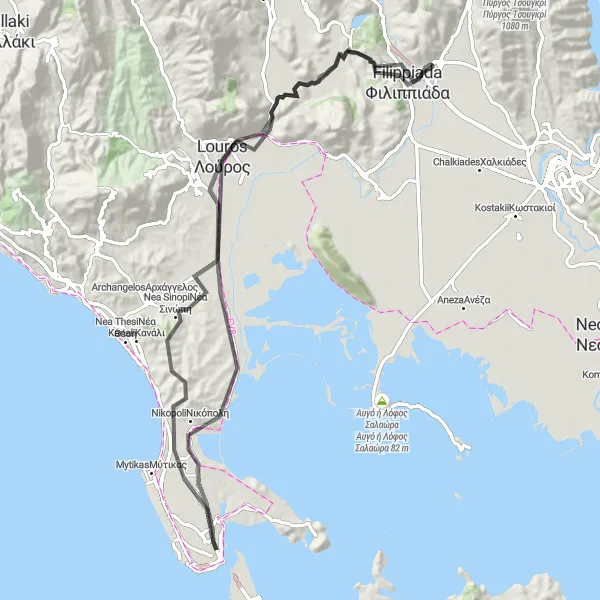 Map miniature of "Preveza to Filippiada" cycling inspiration in Ipeiros, Greece. Generated by Tarmacs.app cycling route planner